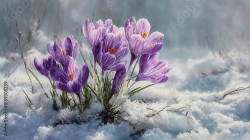 Crocus flowers emerge from melting snow in early morning light of spring