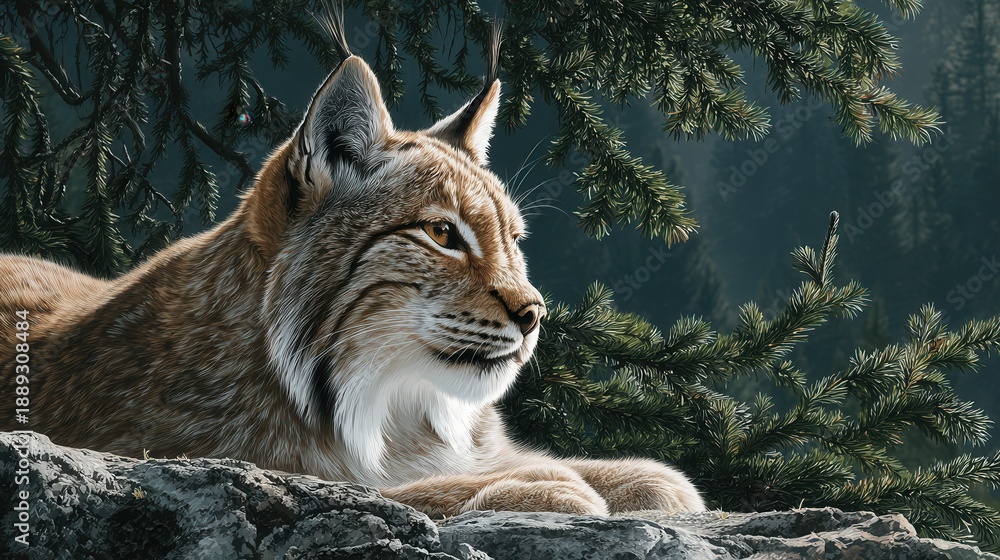 Fototapeta premium Lynx rests on rocky outcrop in a forest with conifer trees in the background