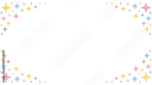 きらきらと輝くような星やポップな紙吹雪の幾何学模様が楽しいフレーム素材です。わくわくする明るい色彩は、パーティーの案内や子供向けのメッセージカードに最適。希望や幸福感あふれるデザインが、大切な言葉を彩ります。