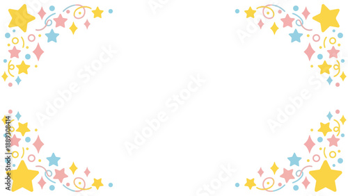 きらきらと輝くような星やポップな紙吹雪の幾何学模様が楽しいフレーム素材です。わくわくする明るい色彩は、パーティーの案内や子供向けのメッセージカードに最適。希望や幸福感あふれるデザインが、大切な言葉を彩ります。