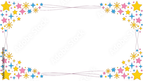 きらきらと輝くような星やポップな紙吹雪の幾何学模様が楽しいフレーム素材です。わくわくする明るい色彩は、パーティーの案内や子供向けのメッセージカードに最適。希望や幸福感あふれるデザインが、大切な言葉を彩ります。