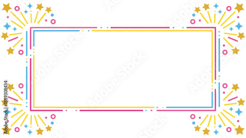 きらきらと輝くような星やポップな紙吹雪の幾何学模様が楽しいフレーム素材です。わくわくする明るい色彩は、パーティーの案内や子供向けのメッセージカードに最適。希望や幸福感あふれるデザインが、大切な言葉を彩ります。
