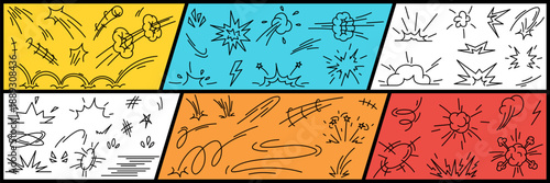 Doodle superhero effects. Cartoon symbols of speed, action lines, fight, impact effects, emotional and explosion elements. Hand drawn icon set. Vector illustration isolated on a white background.