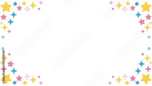 きらきらと輝くような星やポップな紙吹雪の幾何学模様が楽しいフレーム素材です。わくわくする明るい色彩は、パーティーの案内や子供向けのメッセージカードに最適。希望や幸福感あふれるデザインが、大切な言葉を彩ります。