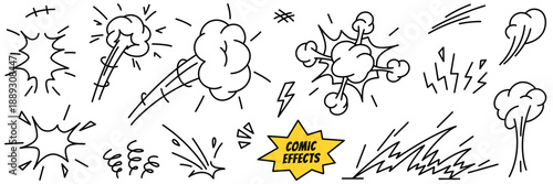 Doodle superhero effects. Cartoon symbols of speed, action lines, fight, impact effects, emotional and explosion elements. Hand drawn icon set. Vector illustration isolated on a white background.