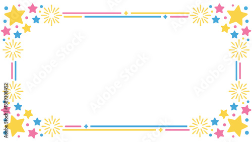 きらきらと輝くような星やポップな紙吹雪の幾何学模様が楽しいフレーム素材です。わくわくする明るい色彩は、パーティーの案内や子供向けのメッセージカードに最適。希望や幸福感あふれるデザインが、大切な言葉を彩ります。