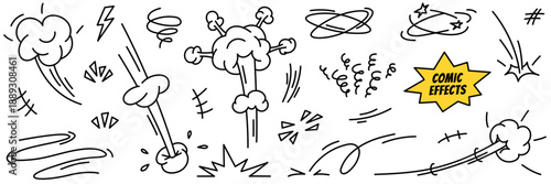 Comic superhero effects. Cartoon doodles of speed, action lines, fight, impact effects, emotional and explosion elements. Hand drawn icon set. Vector illustration isolated on a white background.