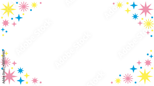 きらきらと輝くような星やポップな紙吹雪の幾何学模様が楽しいフレーム素材です。わくわくする明るい色彩は、パーティーの案内や子供向けのメッセージカードに最適。希望や幸福感あふれるデザインが、大切な言葉を彩ります。