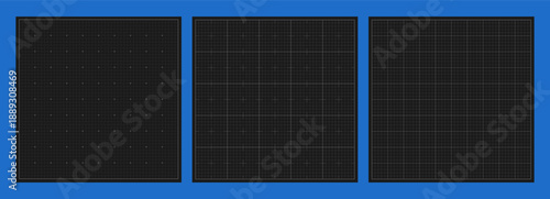 Blueprint black grids. Metric graph paper set. Blank millimeter sheets for technical drawings, engineering sketches, architectural designs. Tech square linear backgrounds. Vector illustration.