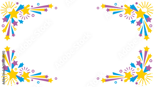 きらきらと輝くような星やポップな紙吹雪の幾何学模様が楽しいフレーム素材です。わくわくする明るい色彩は、パーティーの案内や子供向けのメッセージカードに最適。希望や幸福感あふれるデザインが、大切な言葉を彩ります。