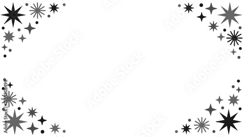 きらきらと輝くような星やポップな紙吹雪の幾何学模様が楽しいフレーム素材です。白黒モノクロのわくわくするパーティーの案内や子供向けのメッセージカードに最適。希望や幸福感あふれるデザインが、大切な言葉を彩ります。