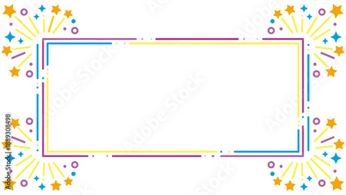 きらきらと輝くような星やポップな紙吹雪の幾何学模様が楽しいフレーム素材です。わくわくする明るい色彩は、パーティーの案内や子供向けのメッセージカードに最適。希望や幸福感あふれるデザインが、大切な言葉を彩ります。