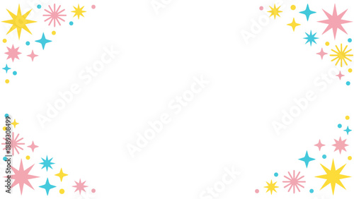 きらきらと輝くような星やポップな紙吹雪の幾何学模様が楽しいフレーム素材です。わくわくする明るい色彩は、パーティーの案内や子供向けのメッセージカードに最適。希望や幸福感あふれるデザインが、大切な言葉を彩ります。