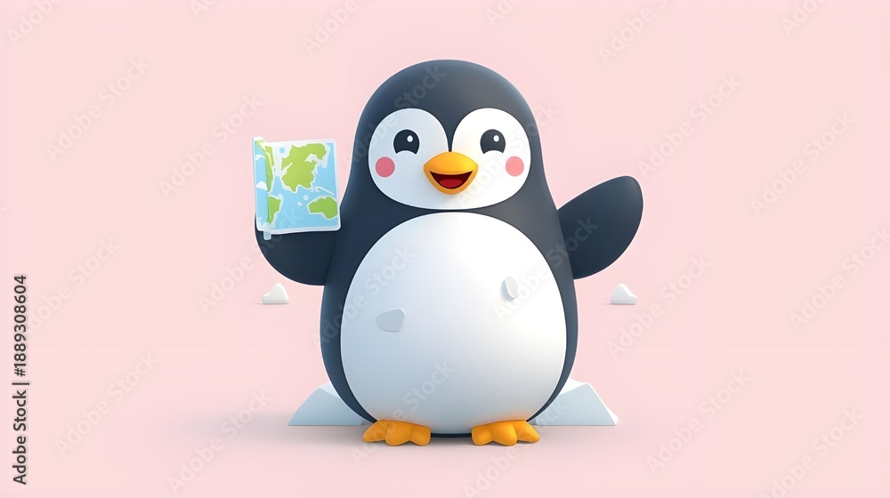 Fototapeta premium Cute Penguin Holding World Map, Environmental Awareness Concept