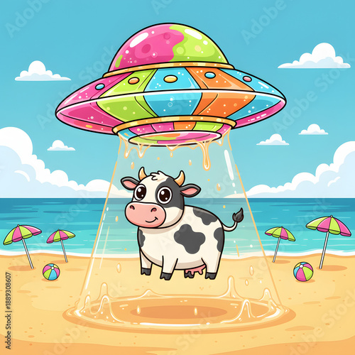 Cute Surreal Cow Being Abducted by Jelly UFO on Bright Beach in Playful Pop Art Style