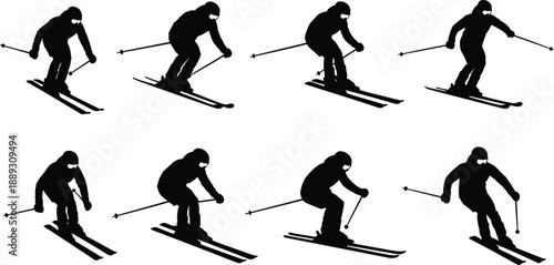 Skier silhouette action set, alpine skiing poses, winter sport athlete downhill movement, black ski vector illustration collection