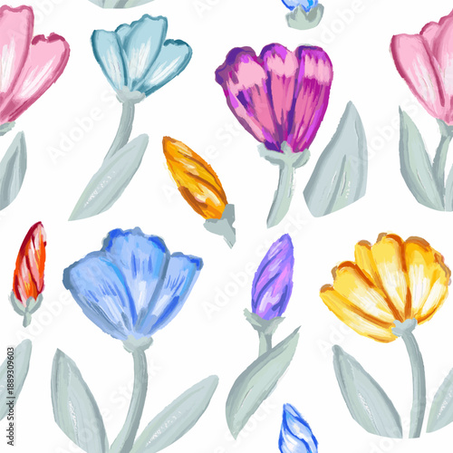 Pattern with oil texture flowers. Vector, isolated. Hand drawn. With brush texture. Cute, interesting and intense colors.