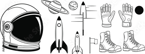 Astronaut space exploration icon set, helmet rockets planets gloves boots, cosmic equipment symbols, science fiction vector illustration