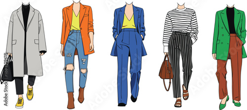 Fashion outfits, modern styling, faceless figures, trendy clothing, layered looks, color coordination, streetwear, casual chic, outfit variety, fashion illustration