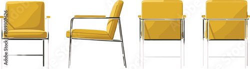 Modern chair, yellow cushion, metal frame, minimalist design, furniture views, interior decor, sleek seating, product showcase, chrome legs, stylish comfort