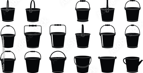 Bucket icon collection set, plastic metal pail variations, household container shapes, cleaning and gardening bucket vector illustration