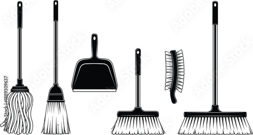 Cleaning tools icon set, broom mop dustpan brush collection, household cleaning equipment, janitorial supplies vector illustration