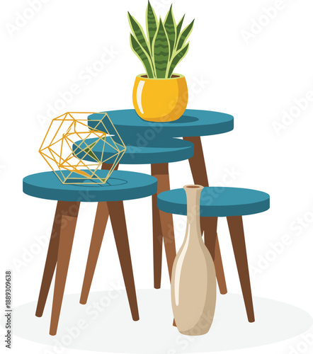 Modern decor, teal tables, snake plant, geometric sculpture, ceramic vase, interior styling, minimalist furniture, home design, rug, living space