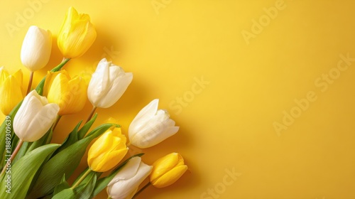 Yellow and white tulips on bright yellow background.