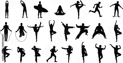 Silhouette poses, physical activity, fitness icons, sports movement, dance figures, yoga shapes, black outline, dynamic motion, exercise, body expression