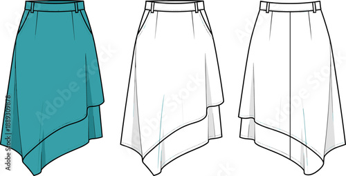 Asymmetrical Hem Midi Skirt Fashion Flat Sketch Vector - Women's Draped Skirt Technical Illustration