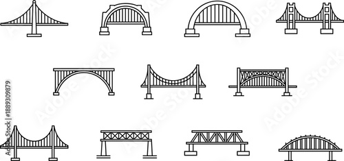 Bridge Types and Civil Engineering Structures Set, Black Line Art Flat Vector Illustration