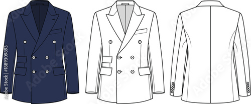 Double Breasted Men's Suit Jacket Technical Sketch Flat Vector Illustration Set