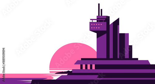 Abstract illustration of a building and a rising sun in a minimalist style