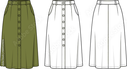 Button Front Midi Skirt Fashion Flat Sketch Vector - Women's A-Line Skirt Technical Illustration