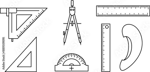 Drafting Tools and Engineering Measurement Equipment Set, Black Line Art Flat Vector Illustration