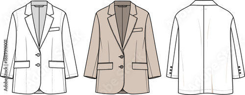 Flat Vector Fashion Illustration of Women's Oversized Blazer Jacket Technical Sketch