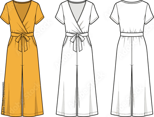 Flat Vector Fashion Illustration of Women's Short Sleeve Wrap Jumpsuit Technical Sketch