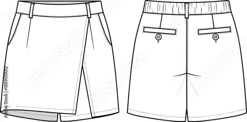 Flat Vector Fashion Illustration of Women's Skort with Front Wrap and Back Pockets Technical Sketch