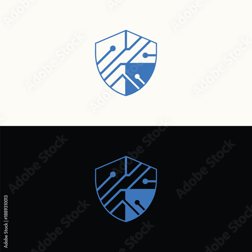 A striking blue and black shield logo displays abstract circuit board lines, symbolizing advanced digital technology, reliable cybersecurity, and secure networked systems.