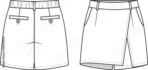 Flat Vector Fashion Illustration of Women's Wrap Front Skort Technical Sketch with Back Pockets