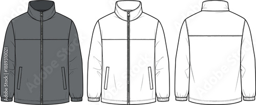 Full Zip Sport Jacket Technical Sketch Flat Vector Illustration Front and Back View