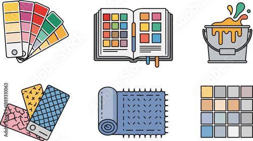 Interior Design Color Palette and Material Samples Set, Flat Vector Illustration Icons