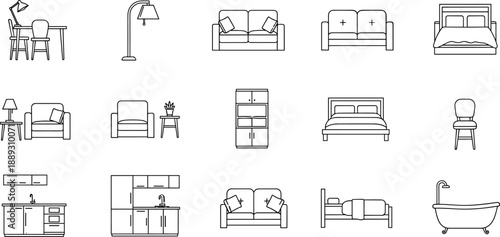 Interior Home Furniture and House Decor Icon Set, Minimalist Line Art Flat Vector Illustration