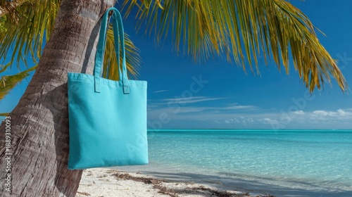 Tropical beach scene with blue tote bag hanging on palm tree.