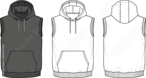 Sleeveless Hoodie Fashion Flat Sketch Vector - Women's Hooded Vest Technical Drawing Template