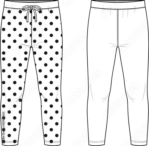 Women's Polka Dot Leggings and Yoga Pants Technical Sketch, Flat Vector Fashion Template