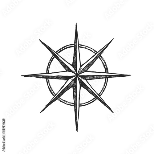 Vintage compass rose design in black and white illustration  