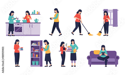 Woman performing various household cleaning and organization tasks