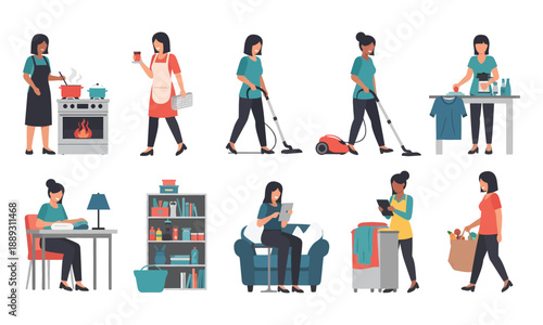 Various household chores and daily activities performed by women