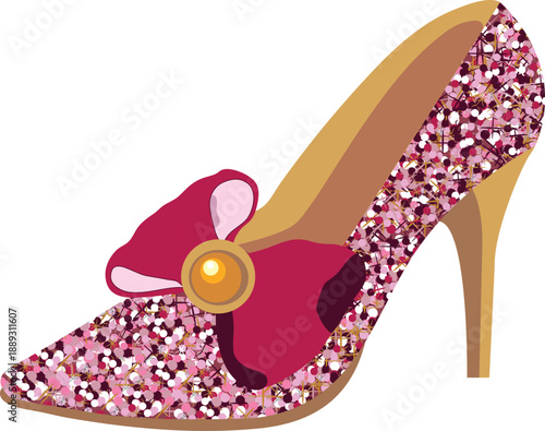 High heel shoe with polka dots and shimmer pattern and pink bow with golden bead hand drawn illustration. Valentine day high heel illustration.